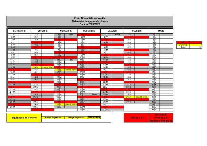 Peut être un graphique de plan et texte qui dit ’SEPTEMBRE Domaniale de Vouillé Calendrier jours chasse Saison 2025/2026 OCTOBRE M NOVEMBRE Ferie DECEMBRE JANVIER L 2M 3m Férie FEVRIER 5V MARS 3M 4M 3M 6V 16M caurre lievre ٨ CClievre Tatal 14D 10M 16D courre èvre 12J 14M 15J 18J 18D 17M 18M 30M 28 29M Ferie 245 25D 295 24M courres evre 27M 24 Equipages de vénerie OM 31M ourrelièvre ievre 28S RallyeArgenson 315 RallyeArgenson courreivre courre levre 31M Chasseàtir tir lundis, vendredise premiersamedis du premie’